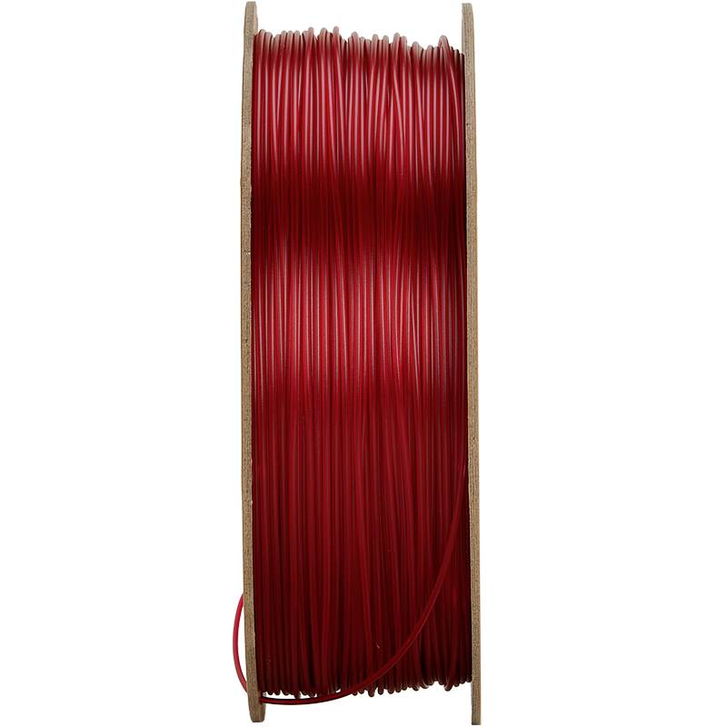 Rote 3D-Drucker-Filamentrolle mit Holzspule, vertikal stehend.