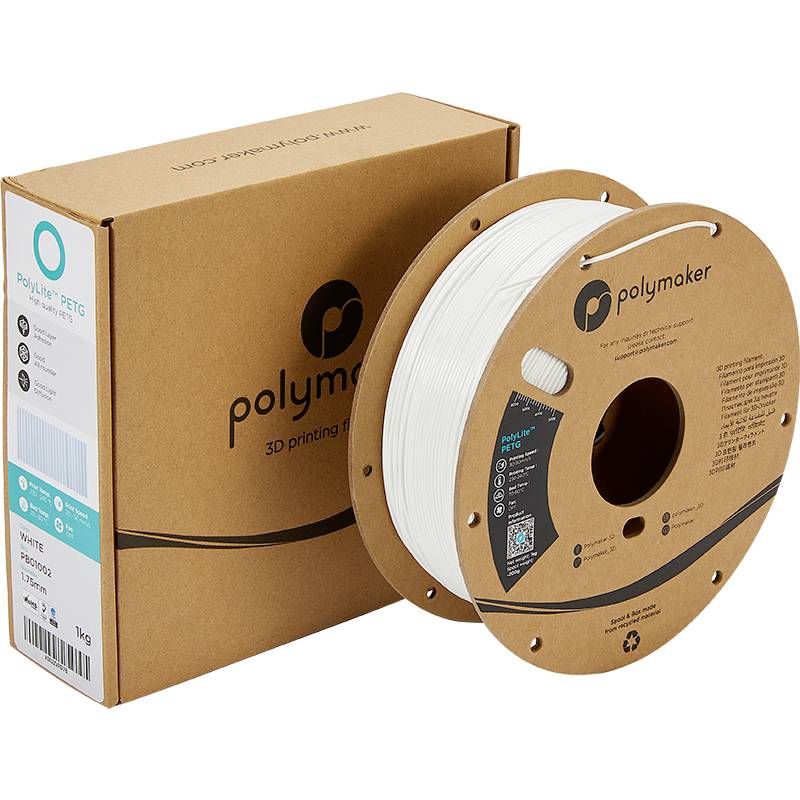 Eine Rolle weißes 3D-Druckfilament aus PETG von Polymaker neben einer braunen Verpackung mit Produktinformationen.