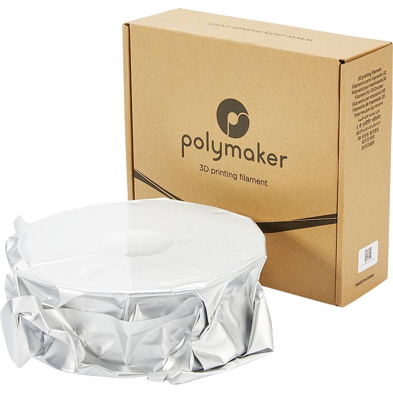 Polymaker 3D-Drucker-Filament in Kartonverpackung, daneben liegend eine in Folie verpackte Filamentrolle.