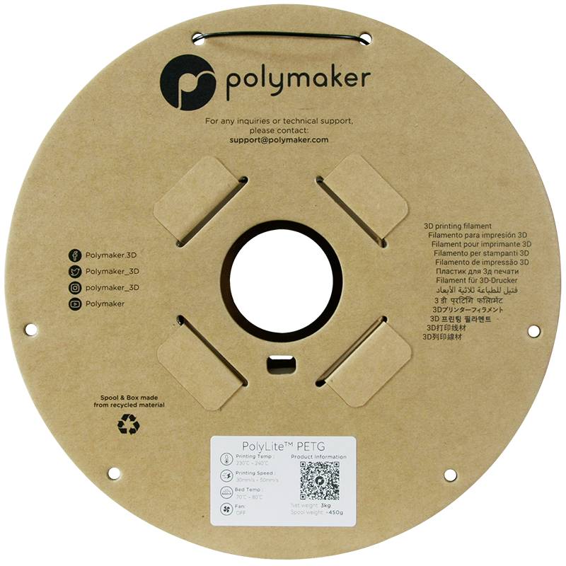 Eine braune PolyLite PETG-Filamentspule von Polymaker. Enthält Kontaktinformationen und soziale Medien-Handles.