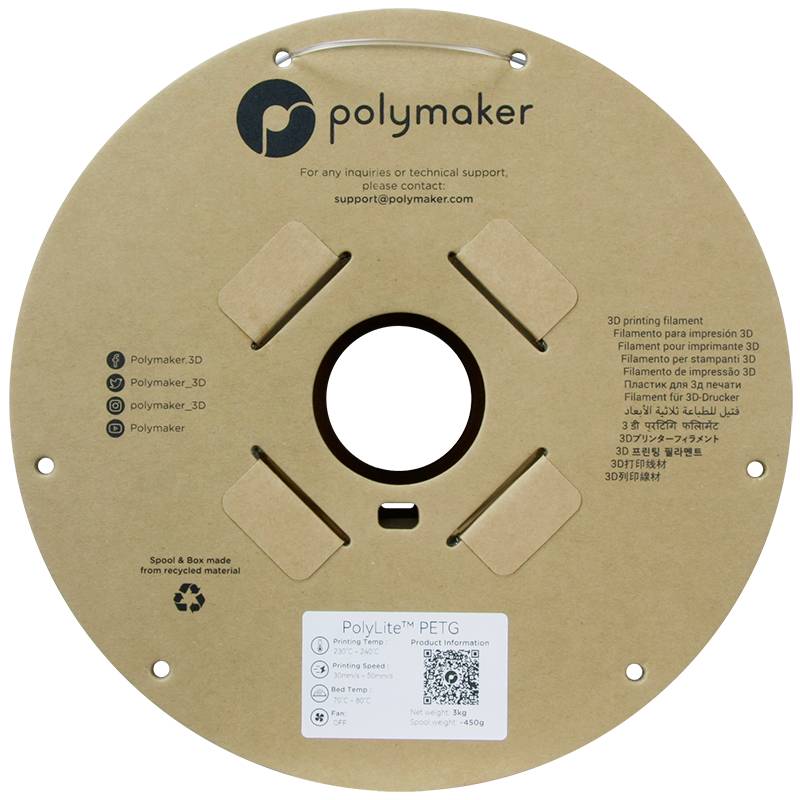 Eine Spule mit 3D-Druckfilament von Polymaker. Das Etikett zeigt 'PolyLite PETG' und enthält Kontaktinformationen und Materialienhinweise.