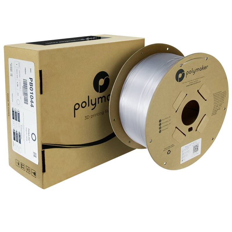 Eine Rolle transparenter 3D-Druckfilament vor einer braunen Verpackungsbox mit der Aufschrift 'Polymaker'.