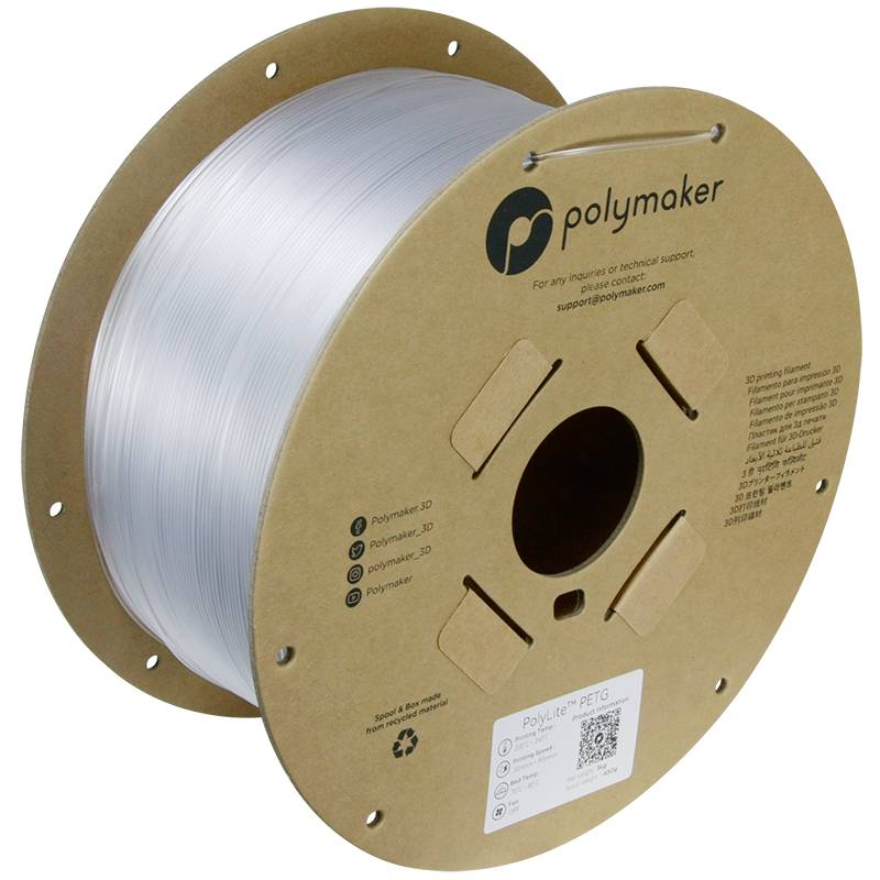 Eine Spule mit transparentem 3D-Drucker-Filament der Marke Polymaker, auf einer Kartonrolle, geeignet für PETG-Druckprojekte.