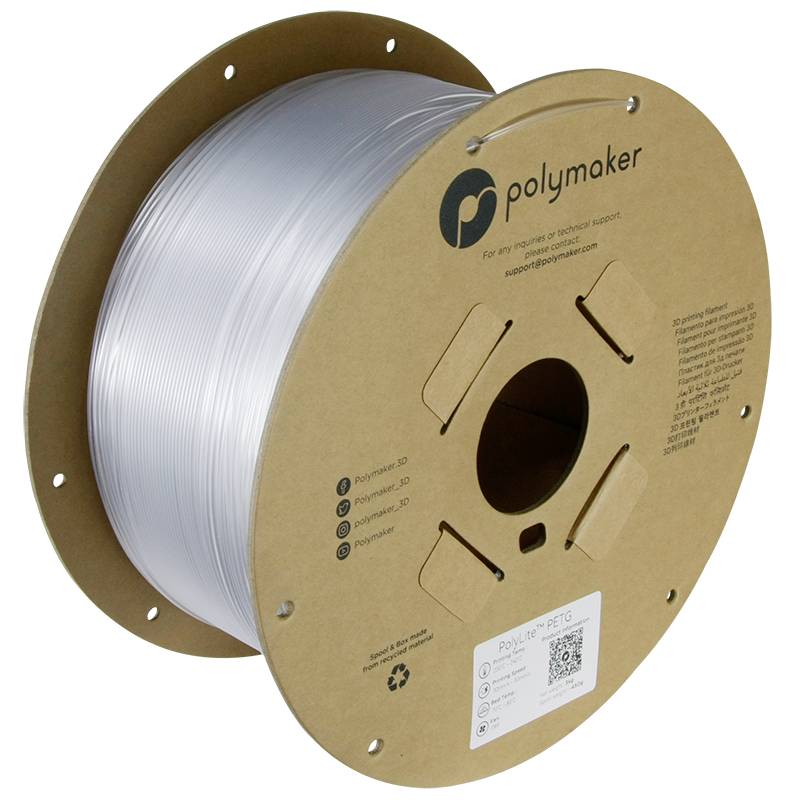 Eine große Spule mit klarem 3D-Druckerfilament, Marke Polymaker, auf Pappkern gewickelt.