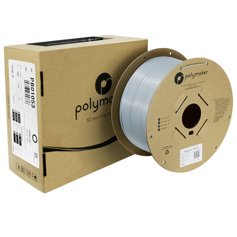 Eine Rolle graues 3D-Druckerfilament und die zugehörige Verpackung von Polymaker sind abgebildet.