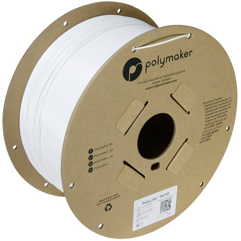 Eine Spule mit weißem 3D-Druckerfilament von 'Polymaker'. Filament besteht aus PETG-Material. Herstellerangaben und QR-Code auf der Spule.