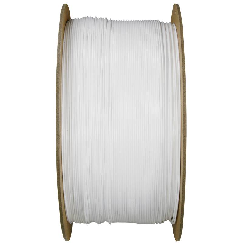 Weiße Filamentspule für 3D-Drucker, vollständig aufgewickelt.