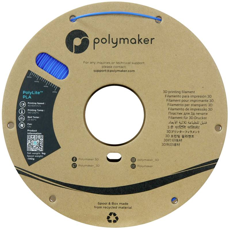 Polymaker PolyLite PLA Filamentspule, 3D-Druckmaterial, 1,75 mm Durchmesser, 1 kg, aus recyceltem Material, blau.