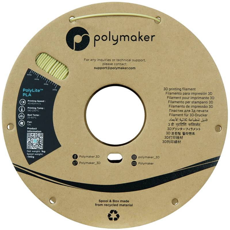 'Polymaker' Markenlabel auf einer Spule mit 3D-Drucker-Filament. Informationen zur Produktspezifikation und Kontaktmöglichkeiten sind sichtbar.