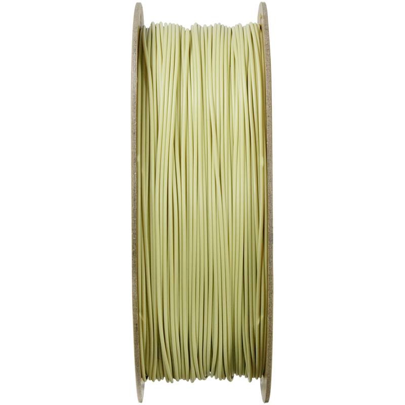 Rolle mit hellgelbem Filament für 3D-Drucker, gleichmäßig aufgewickelt auf einer Holzspule. Geeignet für verschiedene 3D-Druckprojekte.