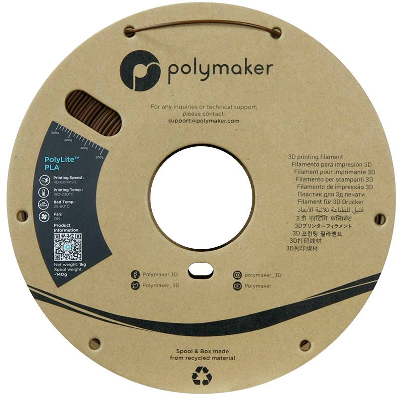 'Polymaker PolyLite PLA' Filamentspule, 1,75mm, 1kg braun, auf Recyclingkarton mit Logos, technischen Details und Kontaktinfo.