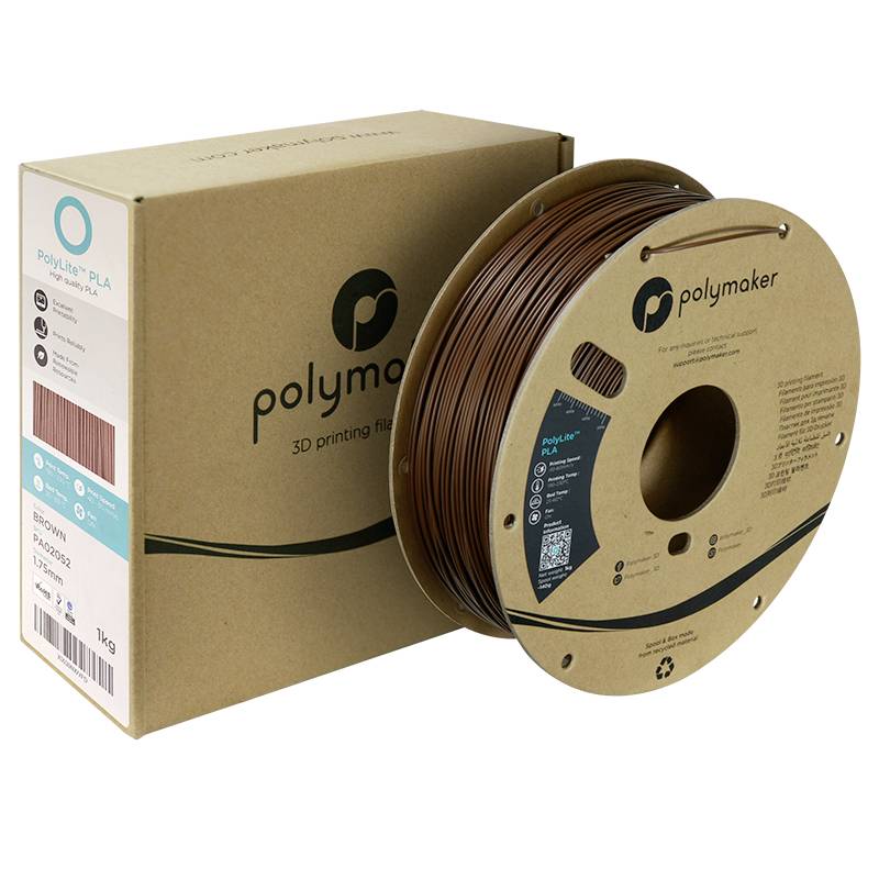 Rolle braunes 3D-Drucker-Filament aus PLA-Material, links daneben die Verpackung mit Polymaker-Logo.