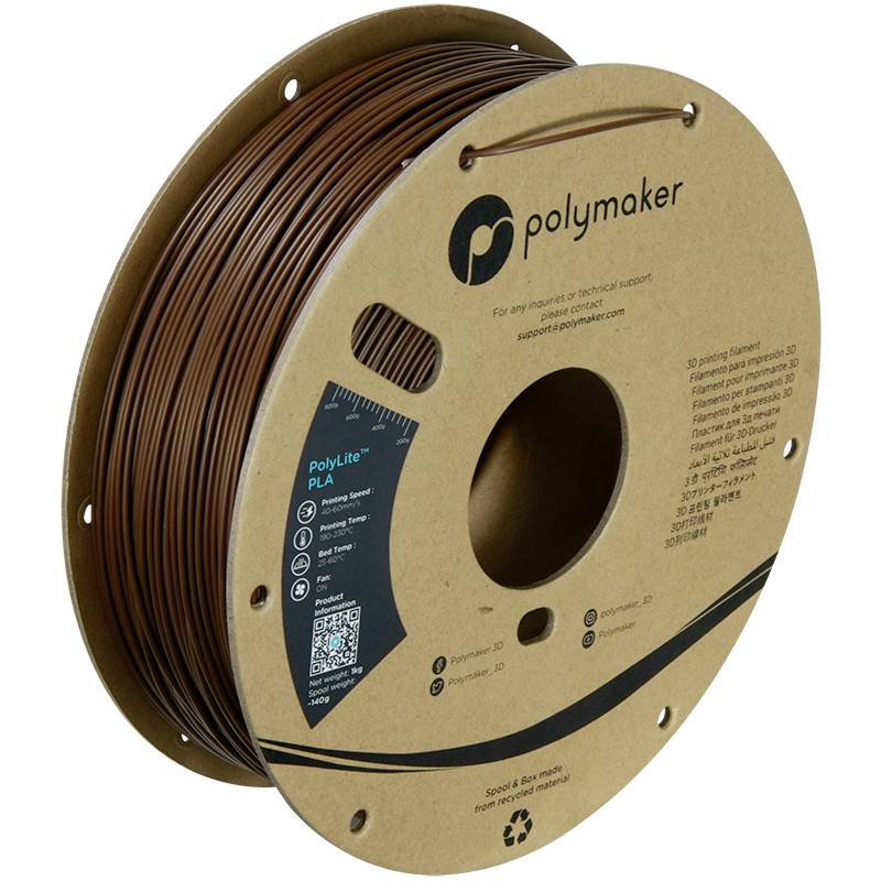 Eine Spule mit braunem 3D-Drucker-Filament von Polymaker, Typ PLA. Auf der Verpackung stehen Produktinformationen und Kontaktangaben.