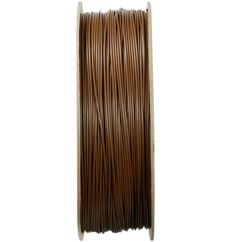 Eine Spule mit braunem Filament, geeignet für 3D-Drucker. Das Filament ist gleichmäßig gewickelt und bereit für den Gebrauch.