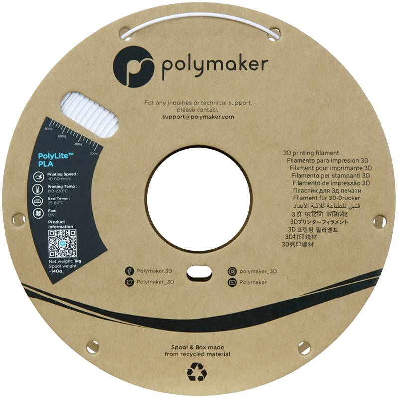 Eine Rolle braunes Polylite-Filament von Polymaker für den 3D-Druck. Enthält QR-Code, Kontaktinformationen und Nutzungsdetails.
