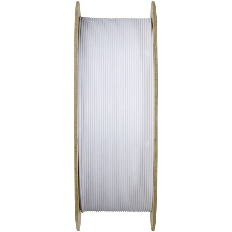 Eine Plastikspule mit weißem Kabel, aufgerollt und seitlich dargestellt. Die Spule hat Holzscheiben als Endstücke.