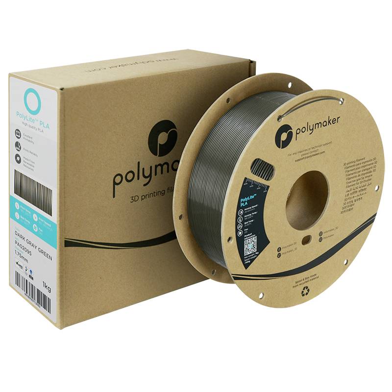Eine Rolle graues PLA-Filament und eine Verpackungsbox der Marke Polymaker für 3D-Druckanwendungen.