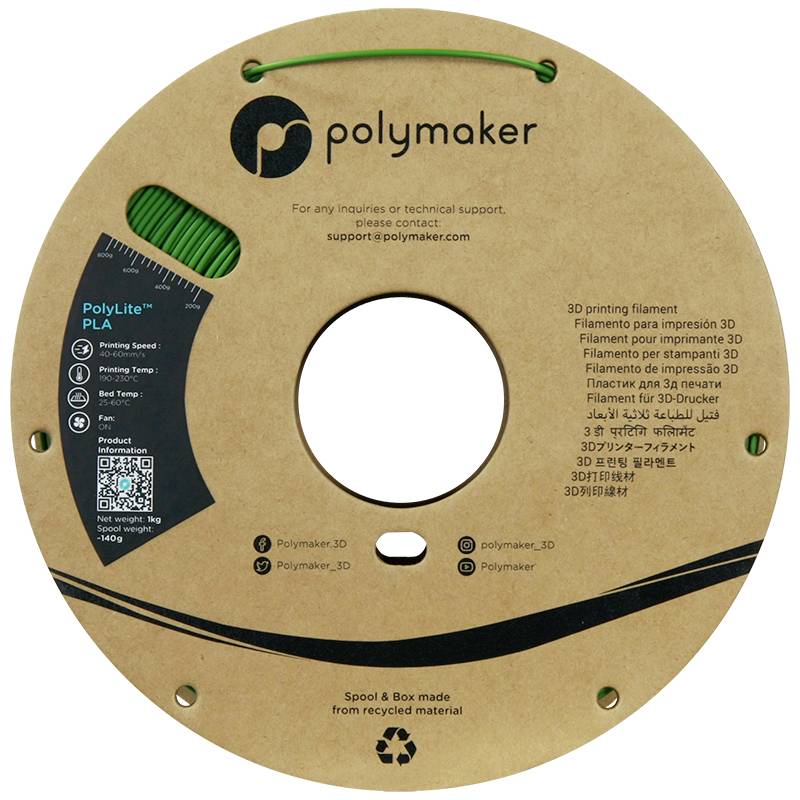 Flach liegende Spule mit grünem 3D-Drucker-Filament der Marke 'Polymaker', umgeben von Bedienungsanleitungen und Kontaktinformationen.