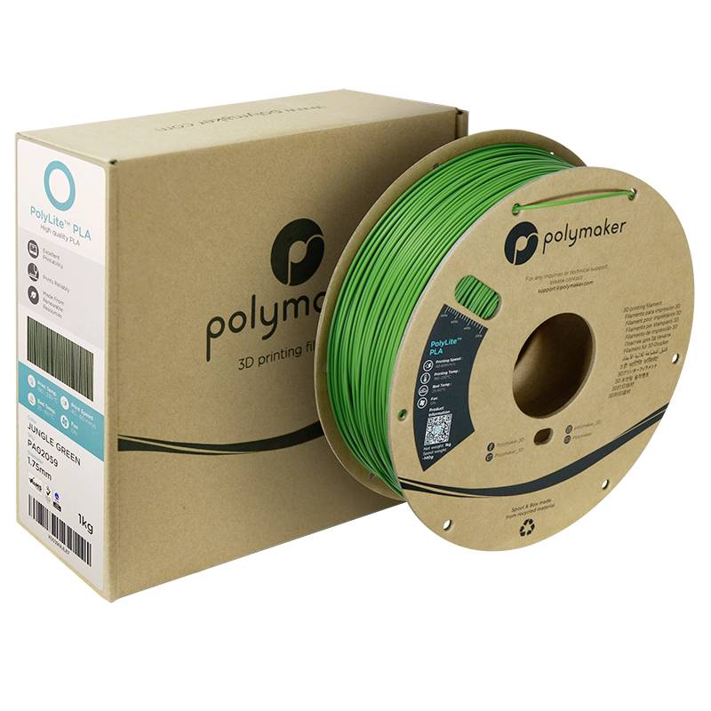 Eine Spule mit grünem Polymaker-Filament für 3D-Drucker. Neben der Spule steht die passende Kartonverpackung.