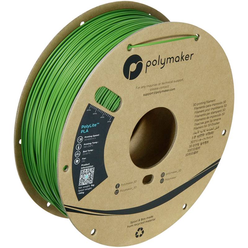 Eine Spule grünes 3D-Drucker-Filament von Polymaker mit PLA-Material. Auf der Verpackung sind Informationen und Kontaktangaben des Herstellers zu sehen.