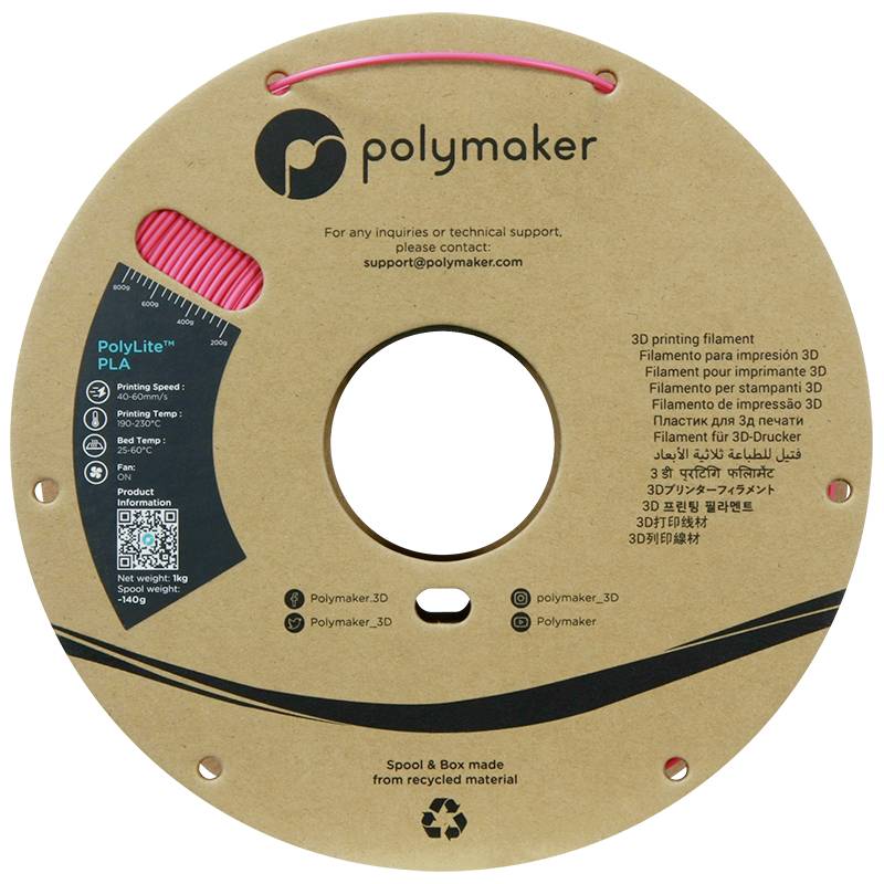 Spule mit PolyLite PLA-Filament in Rosa von Polymaker, 1,75 mm, 1 kg. Verpackung aus recyceltem Material, mehrsprachige Beschriftung.