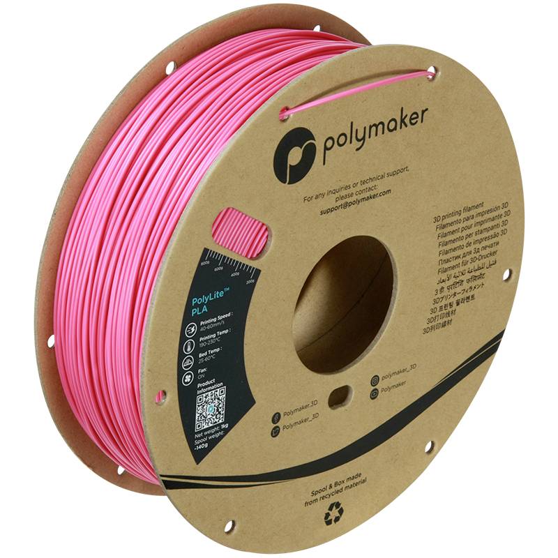 Eine Rolle rosa PLA-3D-Druckerfilament der Marke Polymaker mit Etikett und QR-Code auf der Verpackung.
