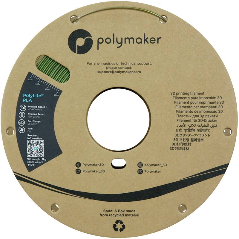 Eine Spule 3D-Druckfilament aus recyceltem Material, Marke 'polymaker', 1,75 mm PLA, 1 kg. Enthält Kontaktinformationen und einen QR-Code.