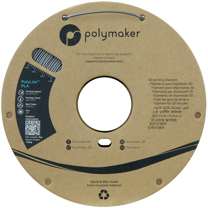 Eine runde Verpackung für 3D-Drucker-Filament der Marke 'Polymaker', mit Kontaktinformationen und technischen Details zur Verwendung.