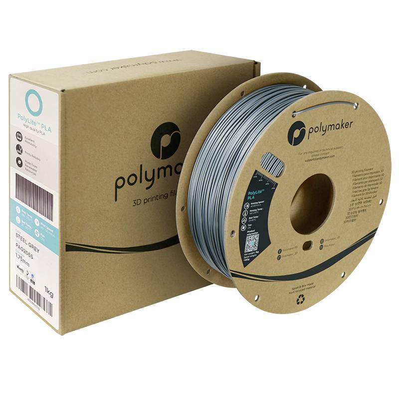 Eine Rolle graues PLA-3D-Druckmaterial von Polymaker steht neben der passenden Verpackung.