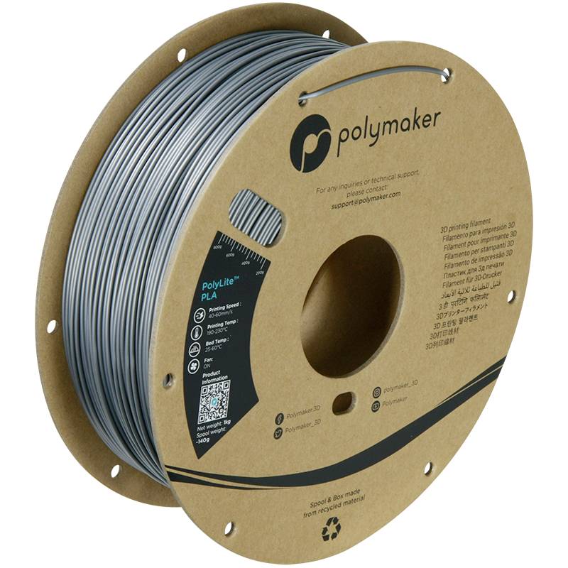 Eine Spule mit grauem 3D-Drucker-Filament von Polymaker, beschrieben als 'PolyLite PLA', geeignet für verschiedene 3D-Druckanwendungen.
