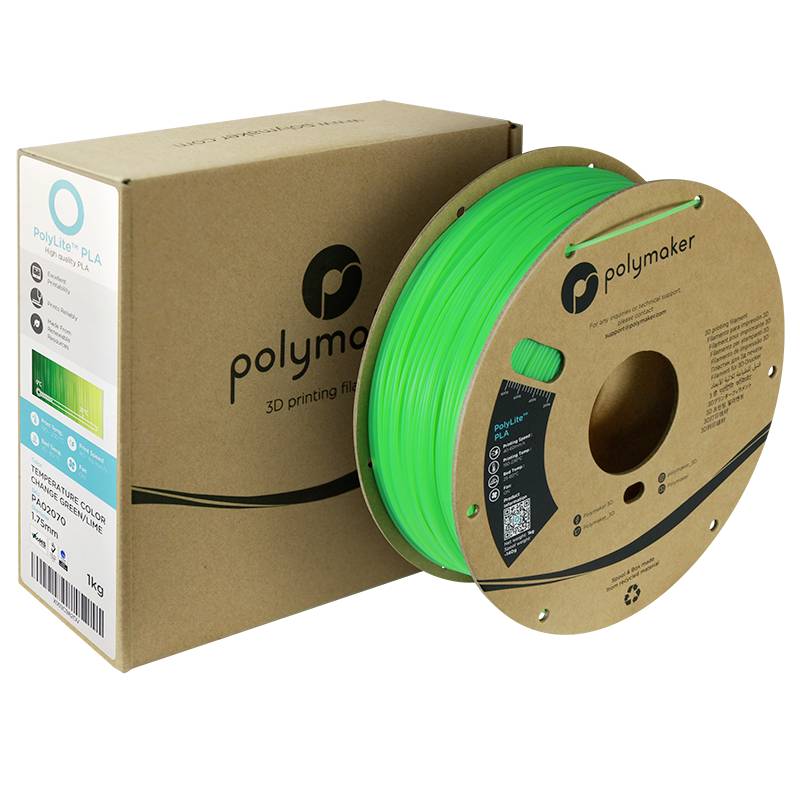 Grüne PLA-Filamentrolle von Polymaker vor einer braunen Verpackungsbox mit Firmenlogo und Produktdetails.