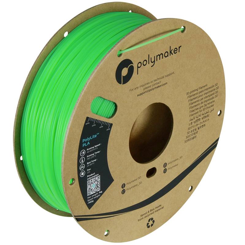 Eine grüne Filamentrolle aus PLA von Polymaker für 3D-Drucker, auf einer Pappspule mit Markenlogo und Informationstext.