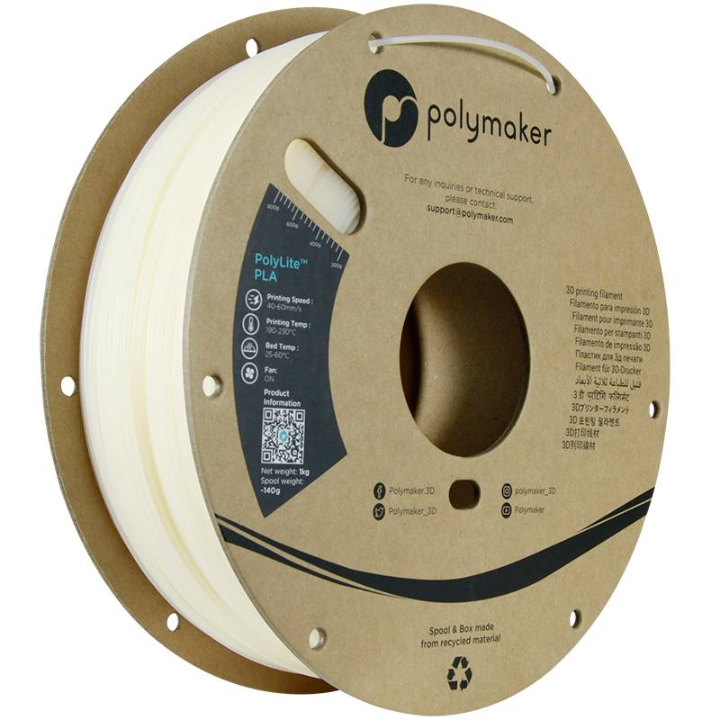 Die Abbildung zeigt eine Spule mit 3D-Drucker-Filament von Polymaker, PolyLite PLA, in natürlicher Farbe, beste Drucktemperatur 190-230°C.