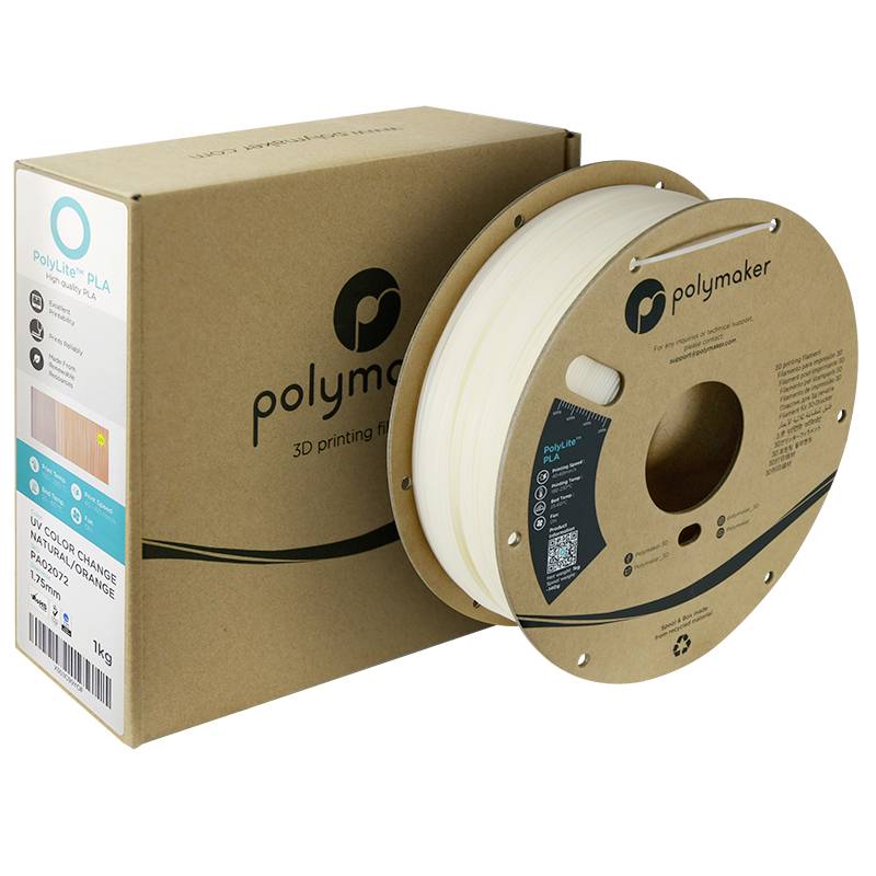 Eine Rolle Polymaker PLA-Filament in Weiß, geeignet für 3D-Drucker. Verpackung zeigt das Markenlogo und Produktinformationen.