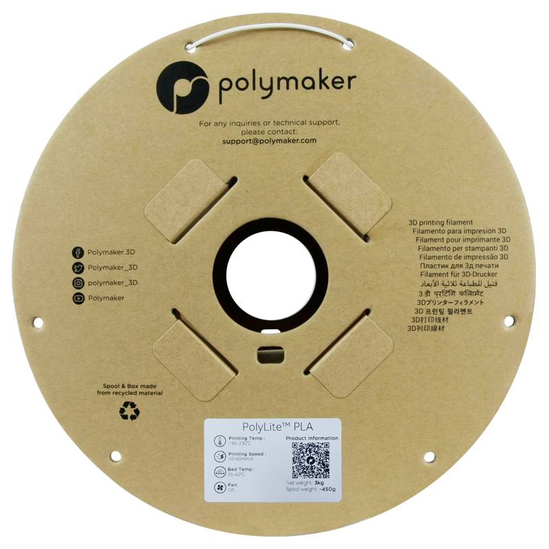 'Polymaker' PLA-Filamentspule, Karton mit Aufdrucke: Logo, Produktinfos, Kontaktinfos. Innen befindet sich das aufgerollte Filament.