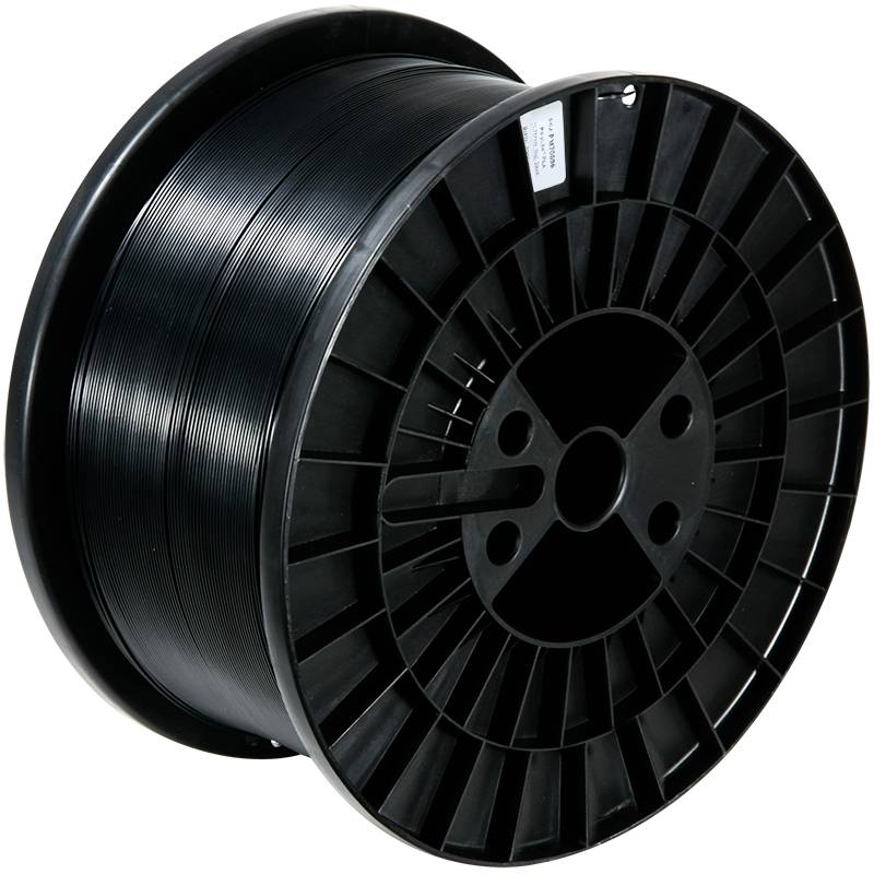 Schwarze Kunststoffspule mit aufgewickeltem Filament, wird häufig für 3D-Druckzwecke verwendet.