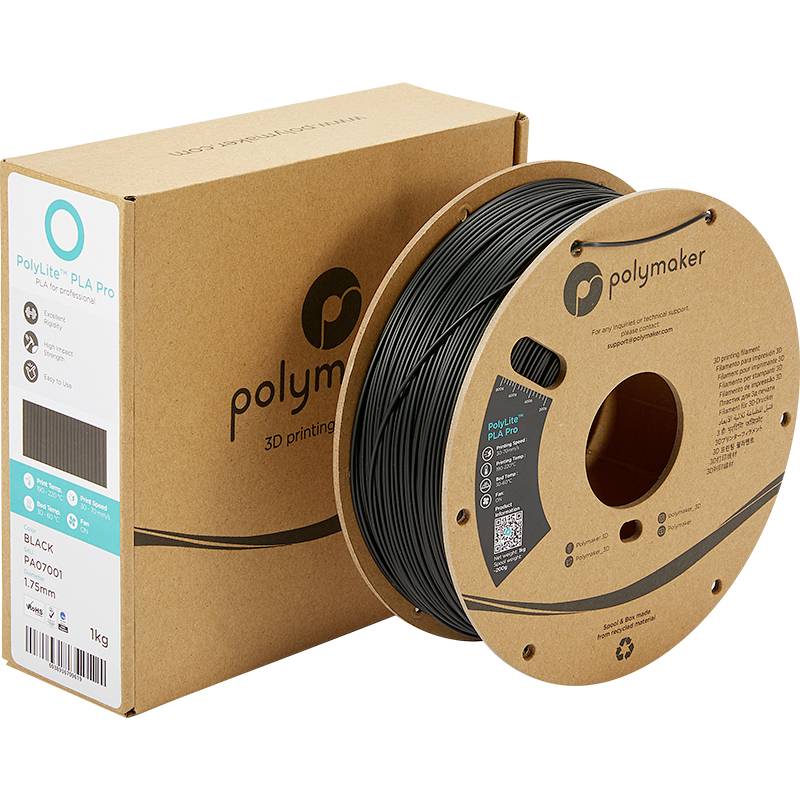 3D-Druckerfilament von Polymaker in schwarzer Farbe. Die Spule ist neben der Verpackung dargestellt. Gewicht 1 kg, Durchmesser 1,75 mm.