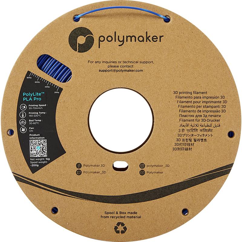 Eine braune Filamentspule von Polymaker aus recyceltem Material, für 3D-Drucker, mit verschiedenen Sprachen und Kontaktinfos.