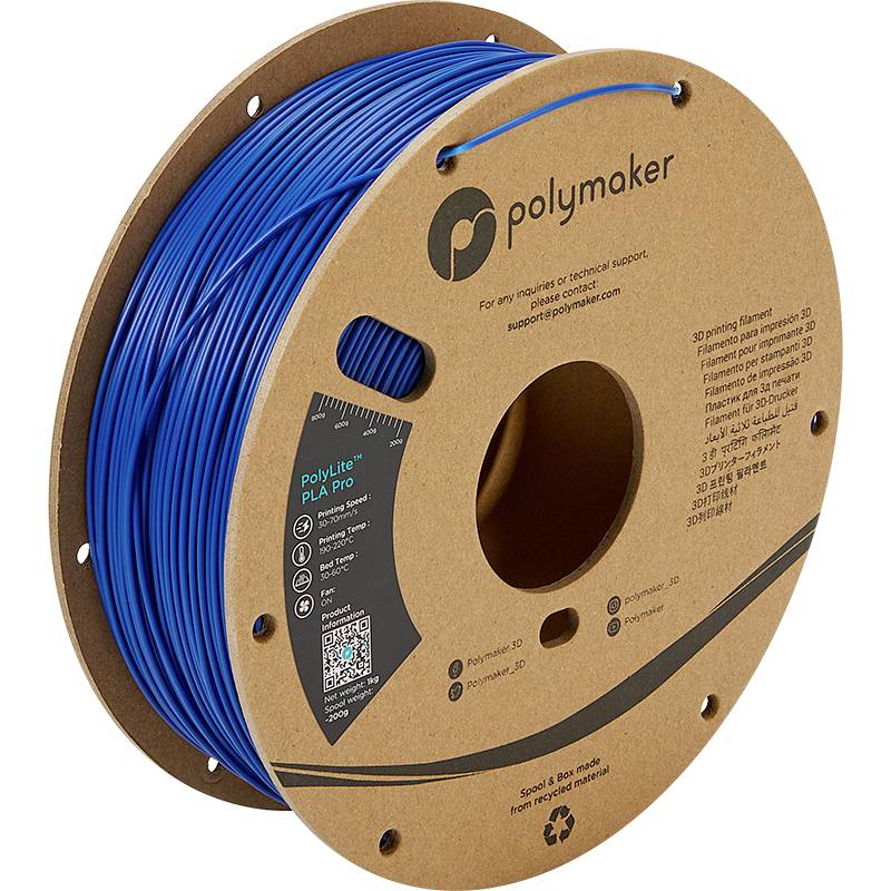 Eine Rolle blaues PLA-3D-Druckfilament von der Marke Polymaker. Die Rolle ist aus Karton, Informationen zum Produkt sind aufgedruckt.