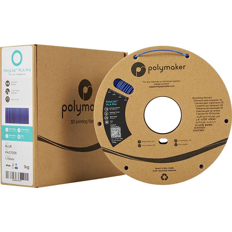 Spule mit 3D-Druckmaterial PLA in Blau von Polymaker, 1 kg, 1,75 mm. Enthält technische Infos und Recycling-Symbol. Verpackung daneben.