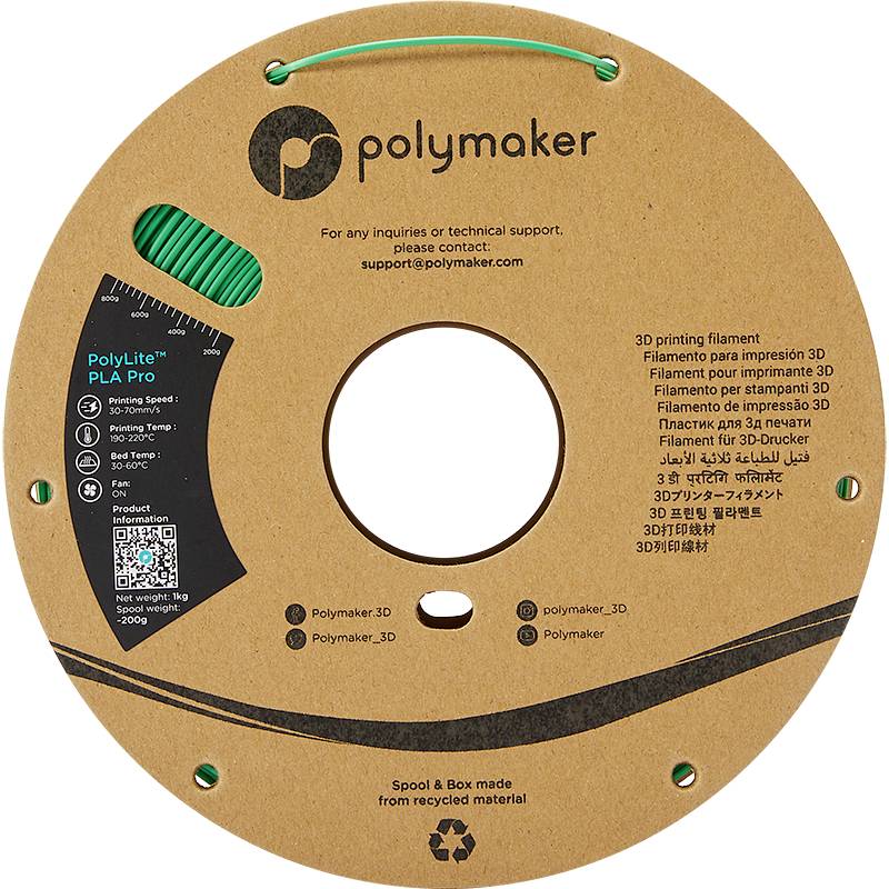 Braune Spule mit grünem 3D-Drucker-Filament von 'Polymaker'. Aufschrift: 'PolyLite PLA Pro'. Unterstützungsinfo und Social-Media-Handles.