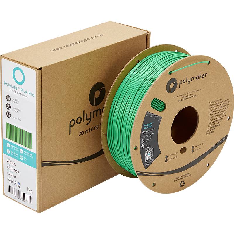 Grüne Spule mit 3D-Drucker-Filament aus PLA neben Verpackung, Marke Polymaker. Enthält 1 kg Material für den 3D-Druck.