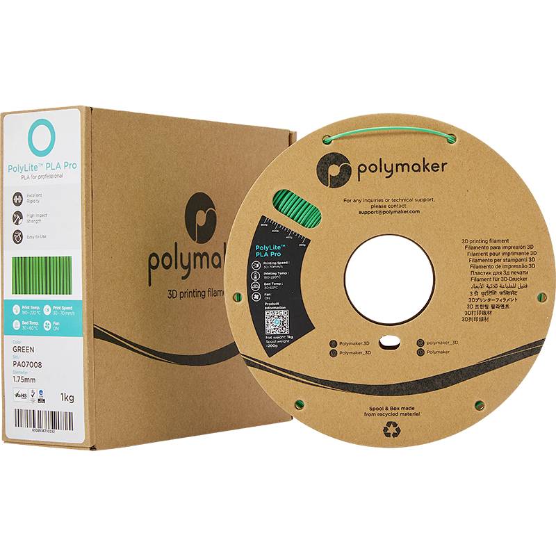 3D-Druckerfilament 'Polymaker PolyLite PLA Pro', grün, 1 kg Spule. Hauptanwendung: 3D-Druck. Verpackung zeigt Produktinformationen.