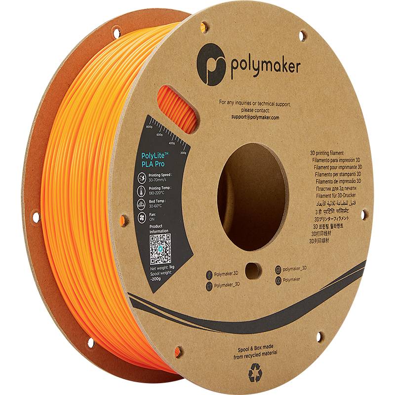 Orange 3D-Druckfilamentrolle von Polymaker, Modell 'PolyLite PLA Pro', geeignet für verschiedene Druckertypen.