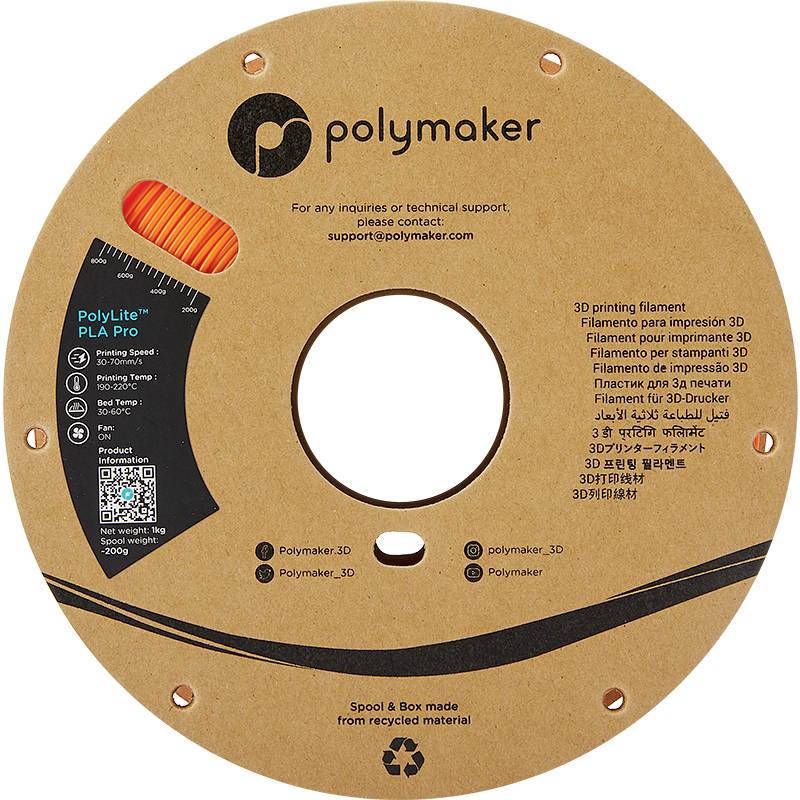 Eine runde braune Spule mit orangenem 3D-Drucker-Filament. Aufschrift 'PolyLite PLA Pro'. Markenname 'Polymaker'. Support-Email: support@polymaker.com.