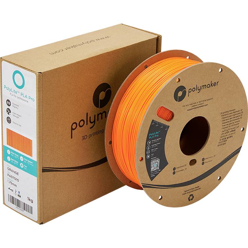 Eine Spule mit orangefarbenem 3D-Drucker-Filament der Marke Polymaker, neben einer braunen Verpackung mit Markenlogo und Produktinformationen.