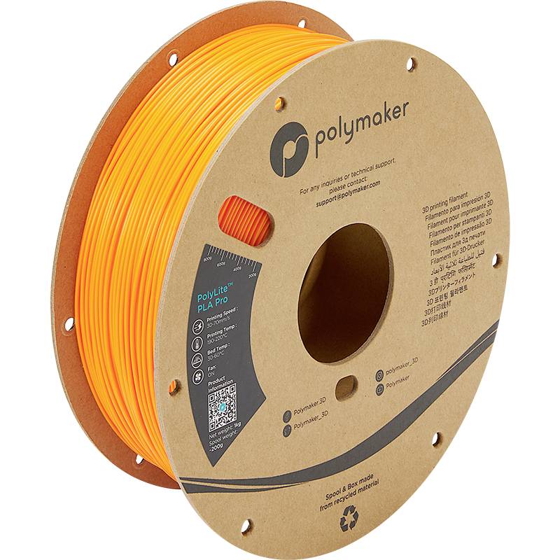 Eine Rolle mit orangefarbenem PLA-Filament von Polymaker, geeignet für 3D-Drucker, auf einer Pappspule mit Markierungen und QR-Code.