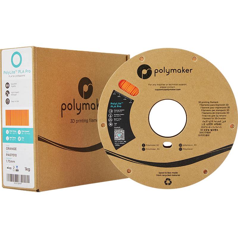 3D-Drucker-Filament von Polymaker in Orange, in Kartonverpackung. Marke und Filament-Spezifikationen sind sichtbar.