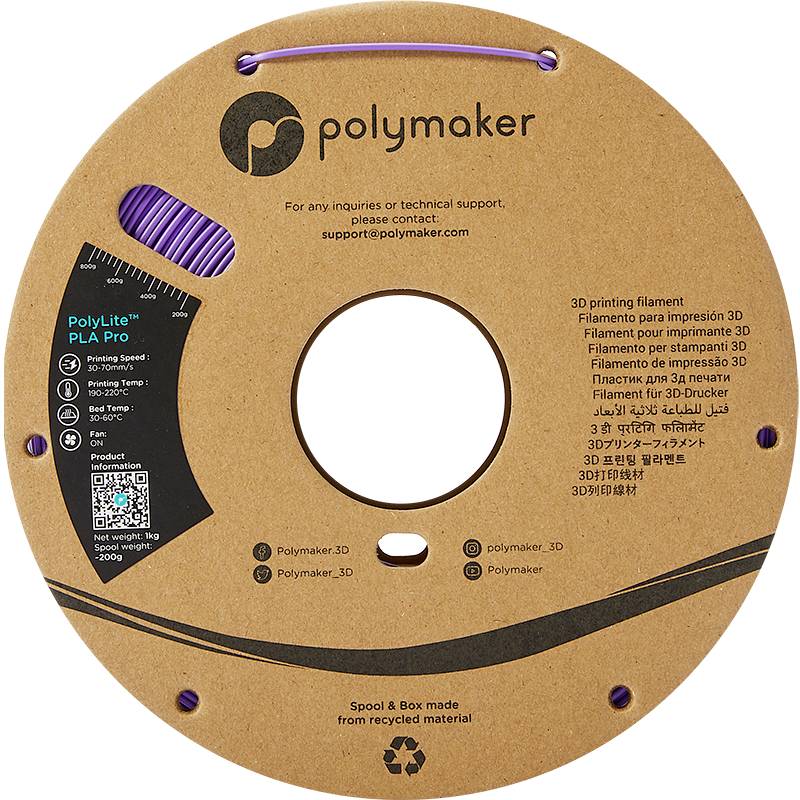 Auf dem Bild ist eine runde Verpackung aus recyceltem Material der Marke Polymaker zu sehen, die 3D-Druckmaterialien enthält.