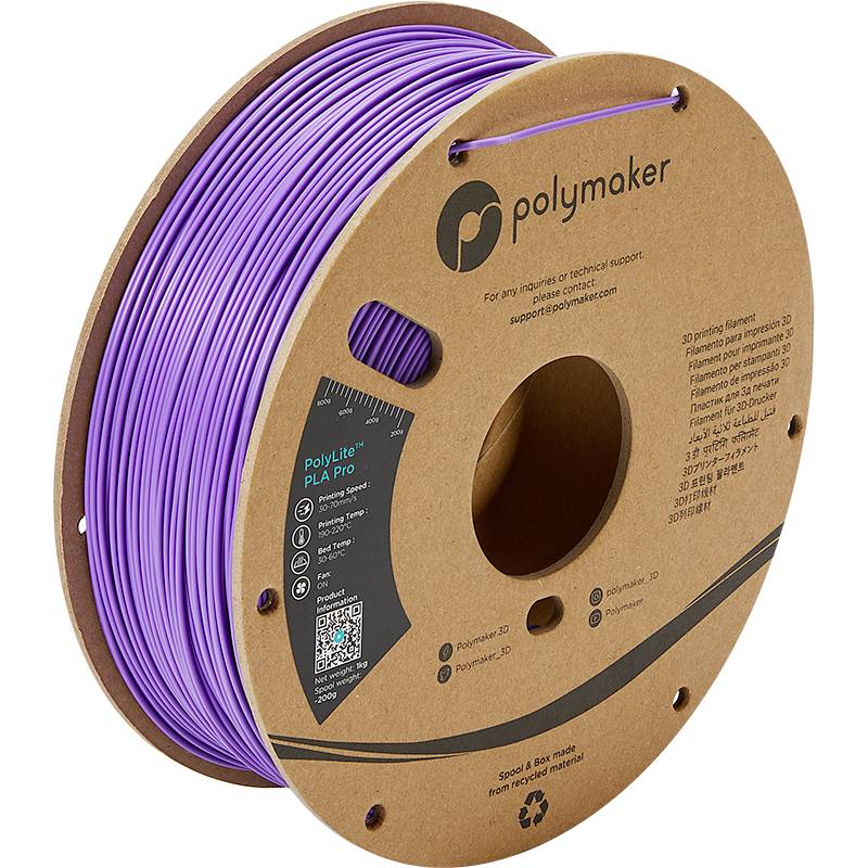 Lila Spule 3D-Druck-Filament von Polymaker; Marke und Materialinformationen auf der Verpackung.